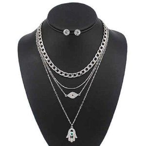 4 LAYER SILVER RHINESTONE EVIL EYE NECKLACE SET